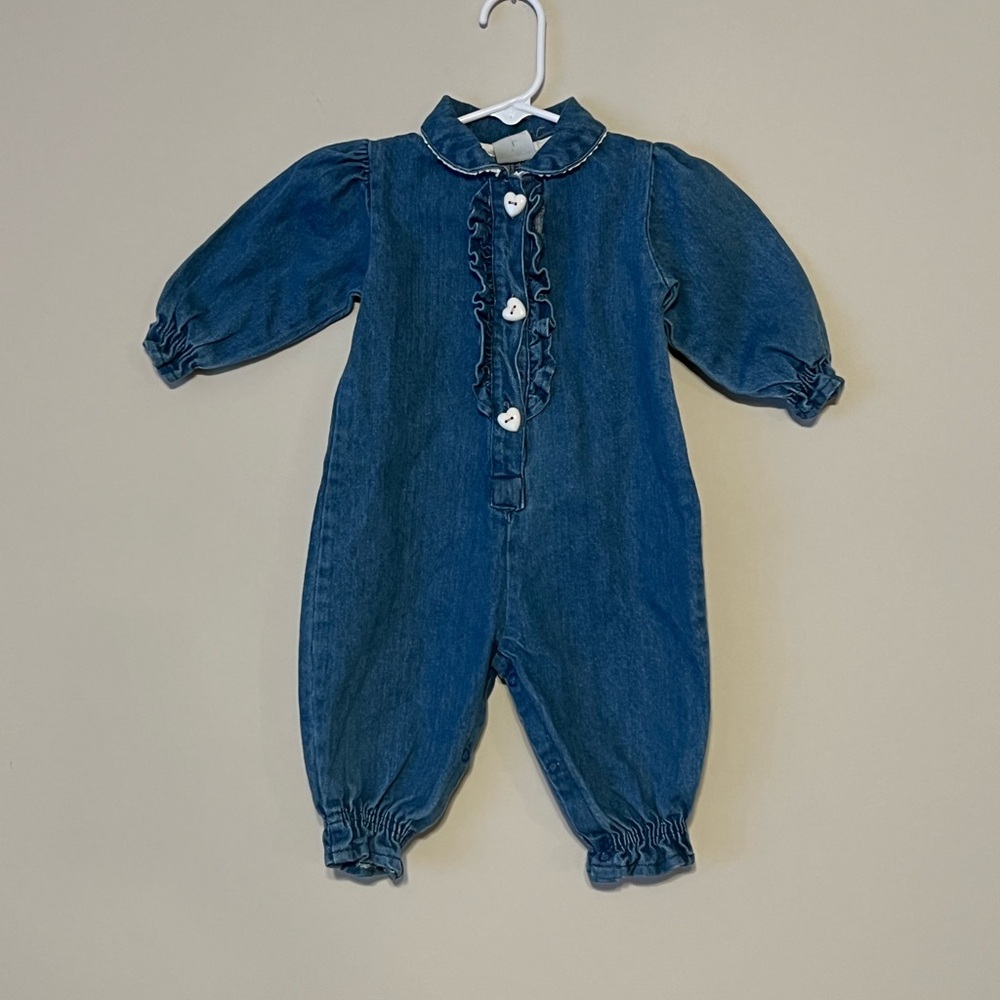 Vintage 90s Baby Girls Denim Ruffle Jumper Romper Playsuit w/ Heart Buttons